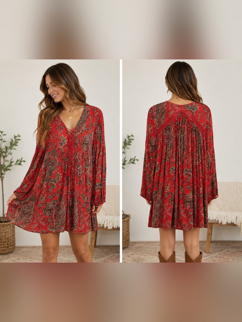 Free People Red Paisley Boho Tunic Dress Small Lace Up Long Sleeve Pockets